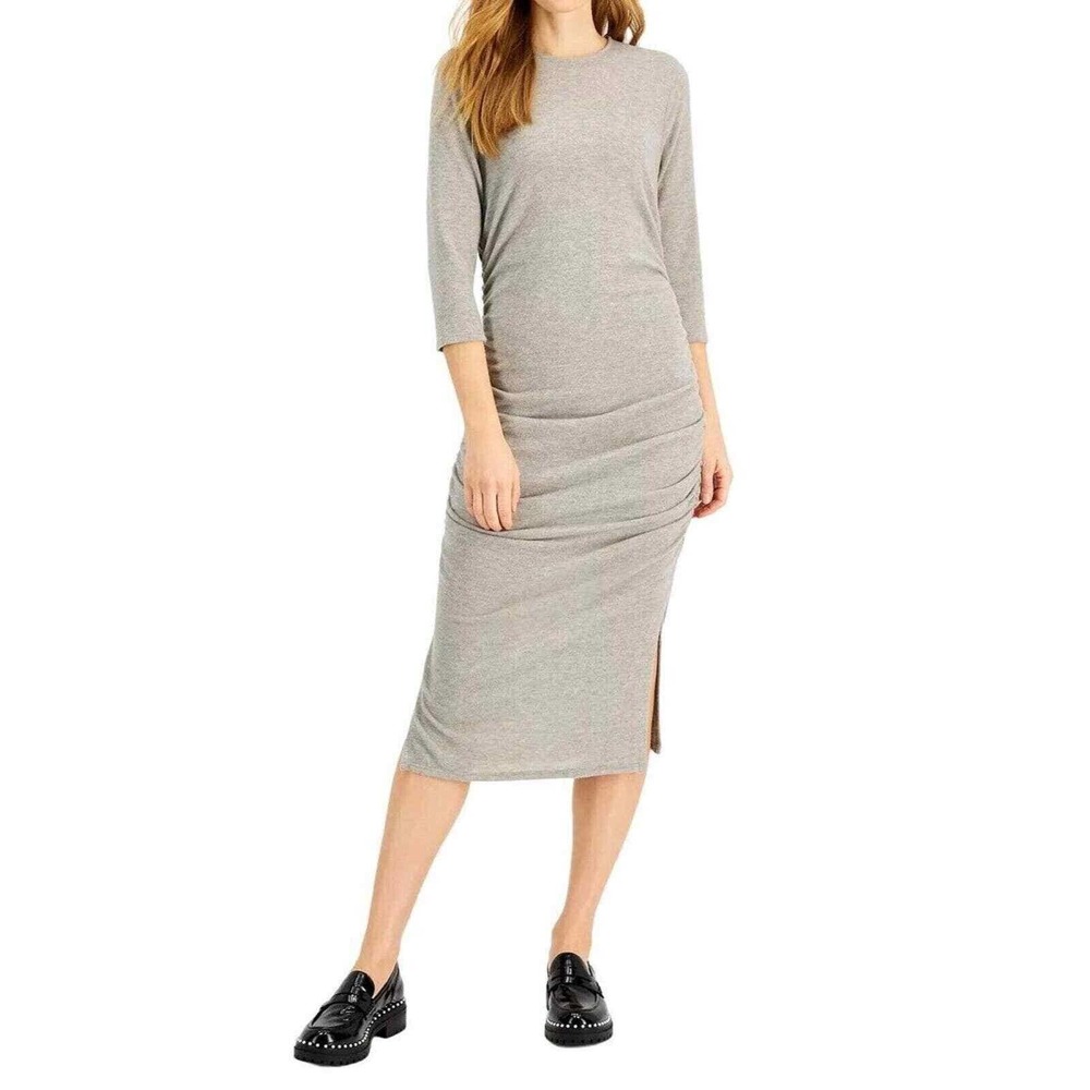 INC Women's 3/4 Sleeve Ruched Midi Dress Sz Small Heather Grey 2pc NWT Flaw 0103